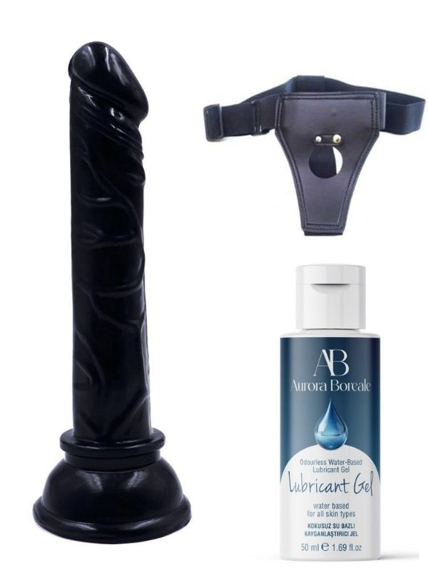 Belden Bağlamalı Kayganlaştırıcı Set Siyah Renk Gerçekçi 15CM Anal Dildo