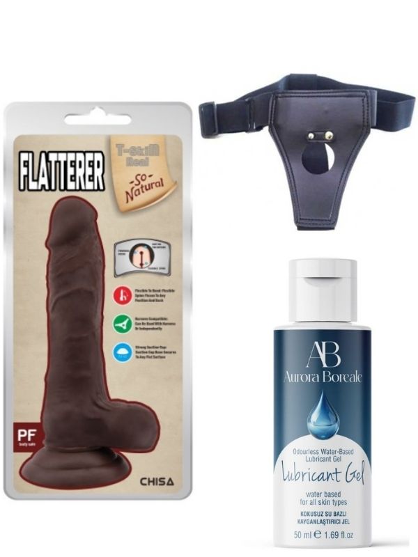 Belden Bağlamalı Kayganlaştırıcı Set Flatterer Kıkırdaklı Gerçekçi Dildo - 18.6cm Zenci