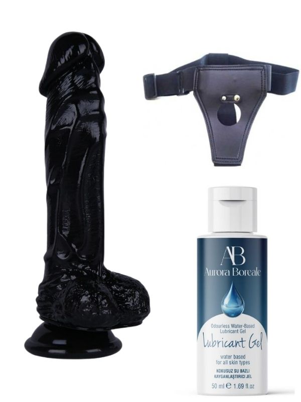 Belden Bağlamalı Kayganlaştırıcı Set Noctis 21cm Siyah Dildo No:64