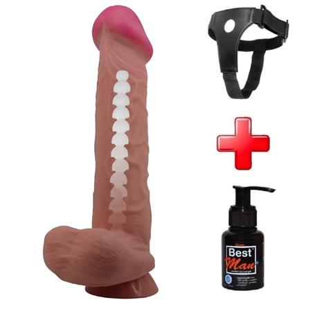 Belden Bağlamalı 26 cm Kıkırdak Yapılı Çift Katmanlı Melez Gerçekçi Dildo Penis